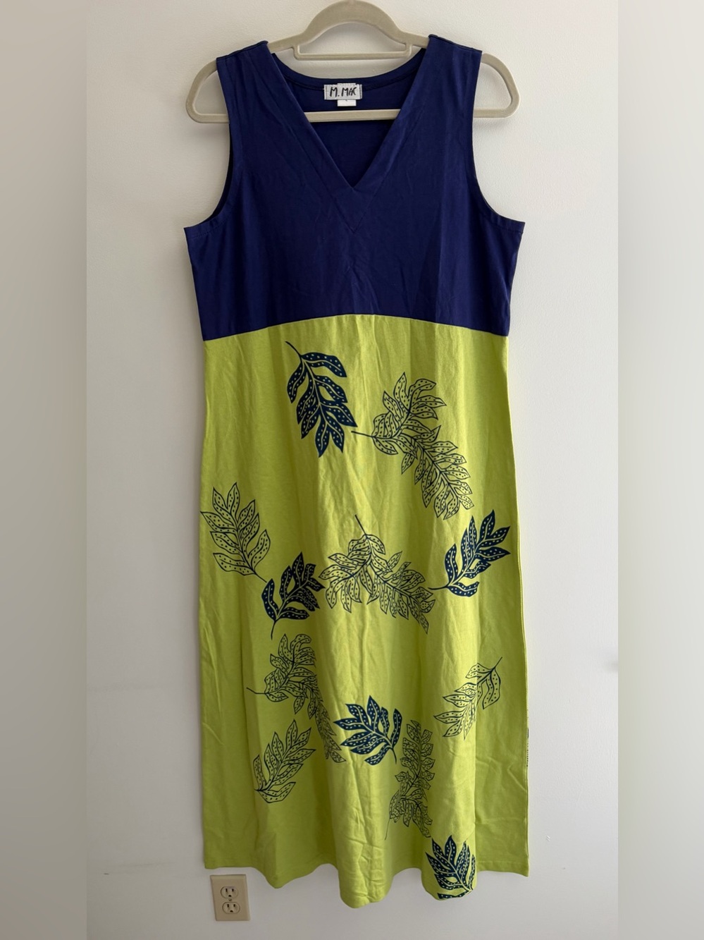 M. Mac 100% Cotton Blue Green Leaf Print V-Neck Sleeveless Maxi Dress, Sz Large